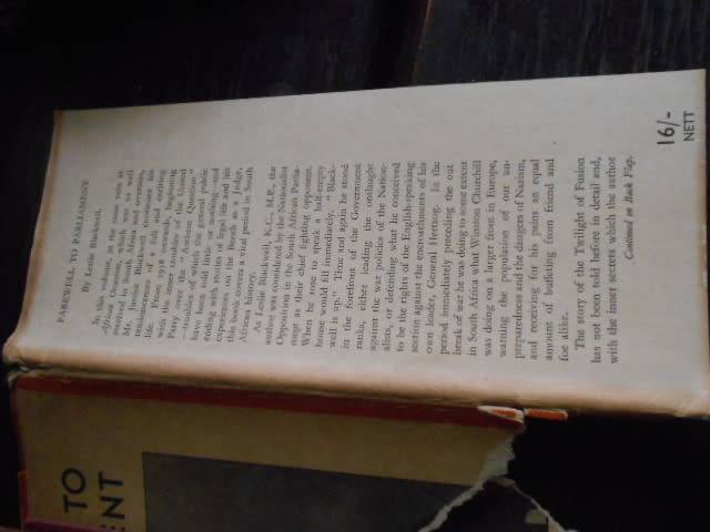 Farewell to Parliament - Leslie Black  Shuter & Shooter Pietermaritzburg 1946 illus hardback