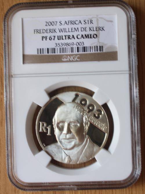 2007 FW de Klerk Silver 5 Rand graded PF67 Ultra Cameo by the NGC.