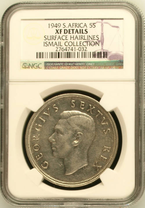 1949 5 Shilling NGC graded XF DETAILS (Surface Hairlines).