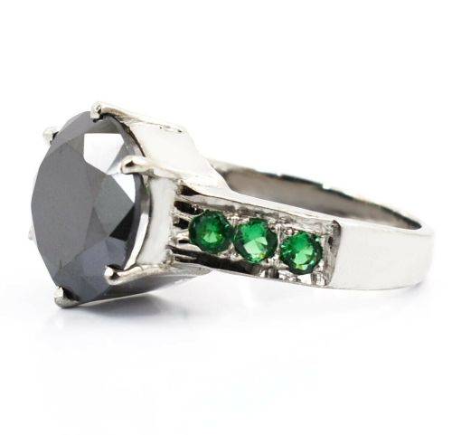CLEARANCE**CERTIFIED 6.50 Ct AAA Genuine Black Diamond Solitaire Ring With Emerald Accents**