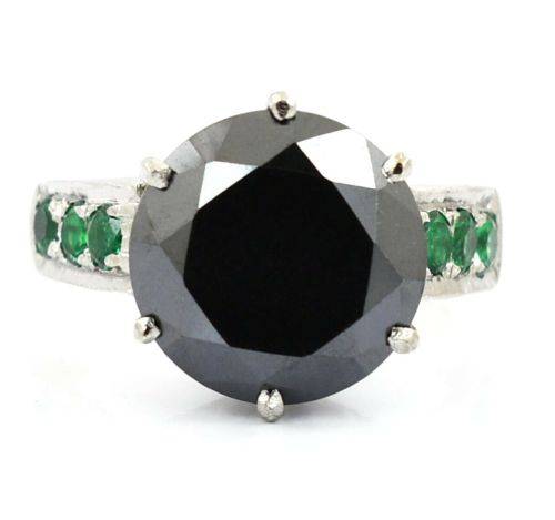 CLEARANCE**CERTIFIED 6.50 Ct AAA Genuine Black Diamond Solitaire Ring With Emerald Accents**