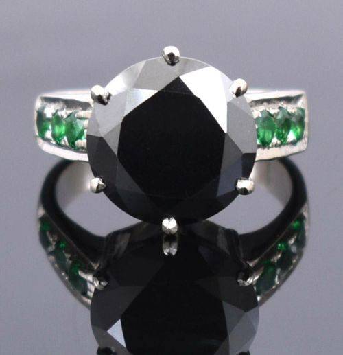 CLEARANCE**CERTIFIED 6.50 Ct AAA Genuine Black Diamond Solitaire Ring With Emerald Accents**