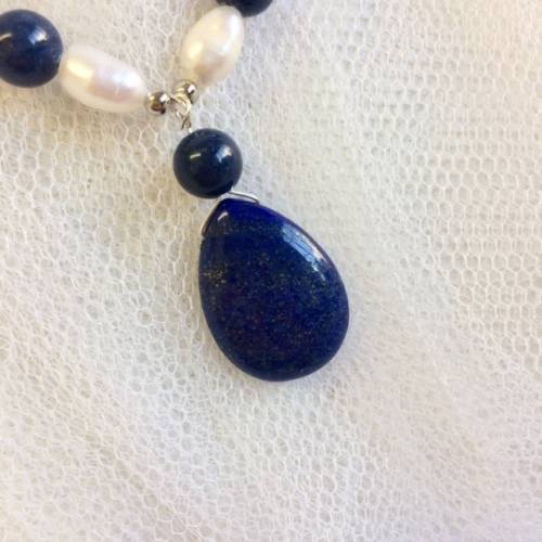 Genuine Pearl and Lapis Lazuli Teardrop Necklace - Love this design!