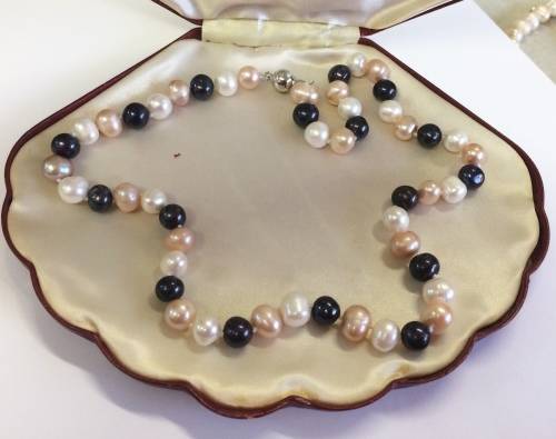 Genuine Cultured Pearl Necklace | White Peach and Black | Classic and Elegant