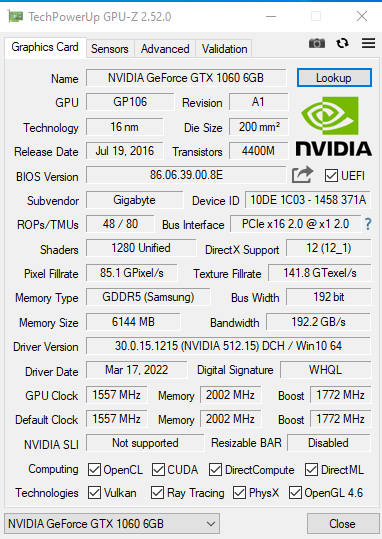 Gigabyte GeForce GTX 1060 WINDFORCE OC 6GB GDDR5 192-bit PCI-E 3.0 Desktop Graphics Card (Excellent