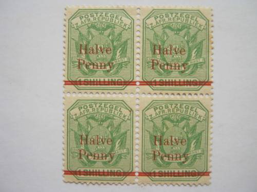 TRANSVAAL - 1895 SURCHARGES - `Halve Penny` ON 1s GREEN - BLOCK OF 4 - MNH