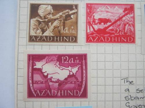 AZAD HIND - 1943 Part Set of Stamps Prepared But Never Issued - Imperforate & Hinged to Paper