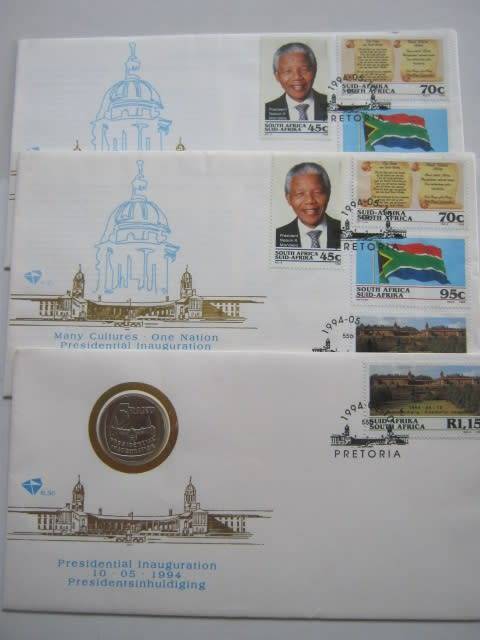 RSA - 1994 PRESIDENTIAL INAUGURATION NELSON MANDELA - FDC #6.3b and 6.3c (WITH COIN)