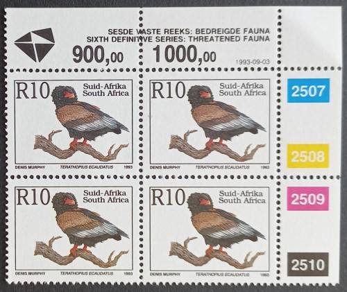 RSA - 1993 6th DEFIN ISSUE `THREATENED FAUNA` - R10 - CONTROL BLOCK OF 4 - MNH