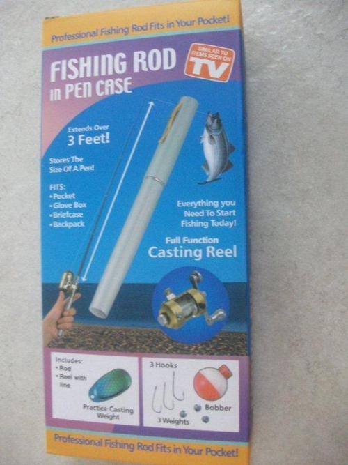 PEN CASE FISHING ROD WITH REEL& LINE, PRACTICE WEIGHT, 3 HOOKS,BOBBER& 3  WEIGHTS