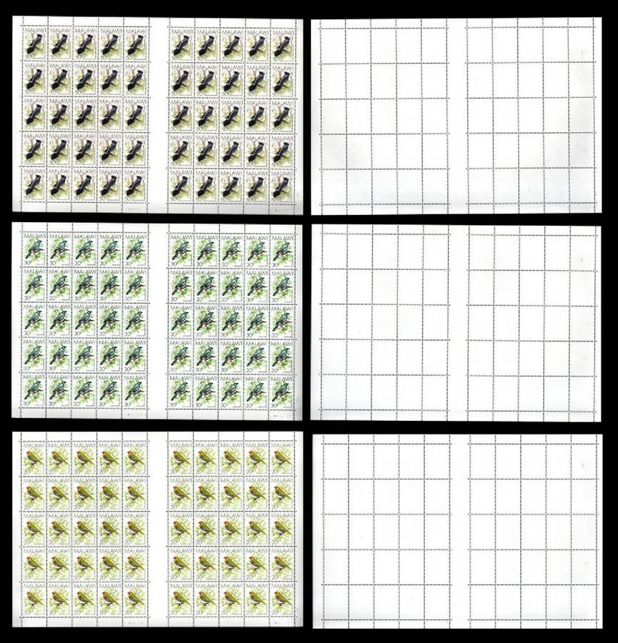 MALAWI 1988-95 BIRDS (X3) FULL SHEETS OF (X50) UMM SG796, SG797, SG799. CV R5400+ (GREAT ITEMS)