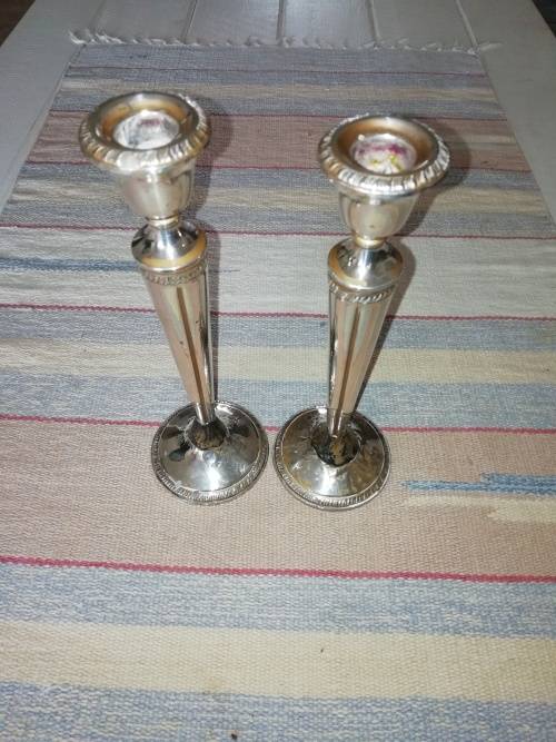 VINTAGE CROWN STERLING SILVER WEIGHED CANDLE HOLDERS PAIR