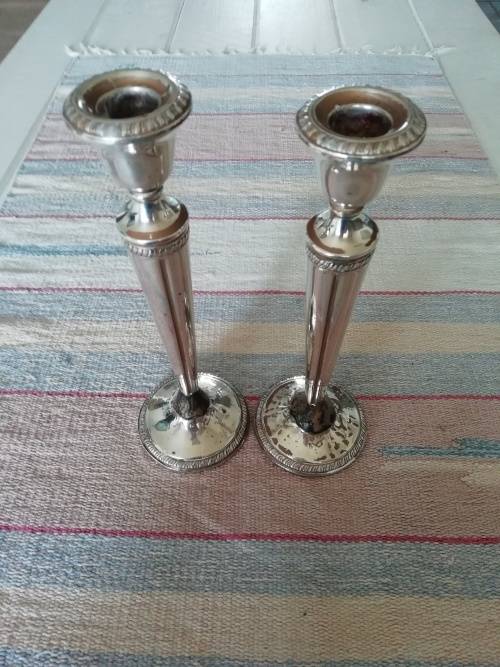 VINTAGE CROWN STERLING SILVER WEIGHED CANDLE HOLDERS PAIR