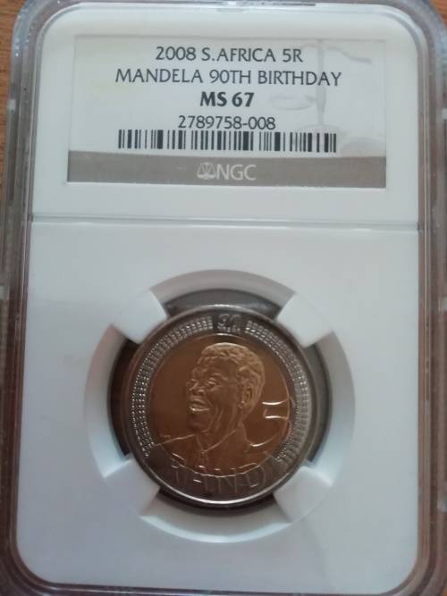 MS 67 HIGH GRADE 2008 MANDELA BIRTHDAY R5 COIN