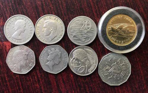 SELECTION OF 8 COINS-SOLD TOGETHER -BRITISH, AUSTRALIAN & NEW ZEALAND