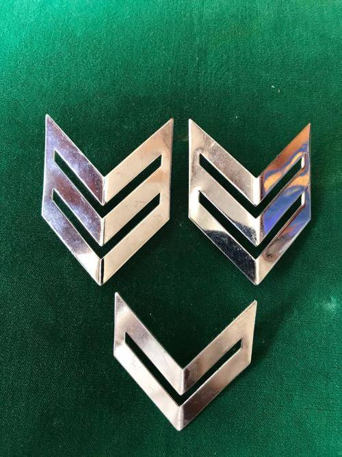 CHROMED SERGEANT RANK PAIR & ONE FOR CORPORAL-PINS COMPLETE-ONLY WORN BY THE ARMY