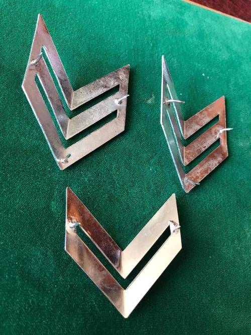 CHROMED SERGEANT RANK PAIR & ONE FOR CORPORAL-PINS COMPLETE-ONLY WORN BY THE ARMY