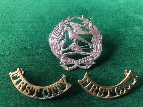 FIRST CITY REGT. TAMO'SHANTER CHROMED BADGE-SOLD WITH TWO BRASS TITLES-WORN POST 1932-ALL LUGS INTAC