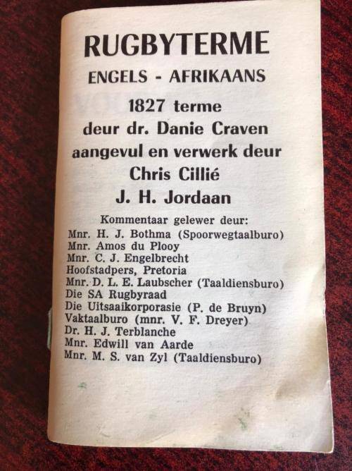 POCKET SIZE -RUGBY TERME DEUR DR DANIE CRAVEN- 88 PAGES-GOOD CONDITION