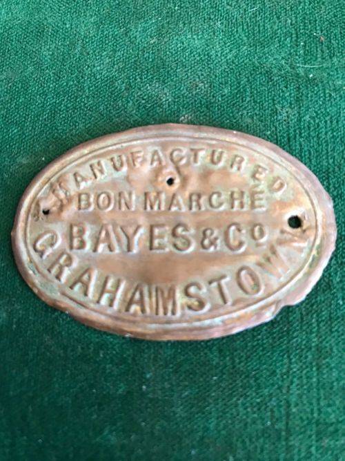 BAYES and CO -GRAHAMSTOWN -COPPER BADGE- 1800`S-MEASURES 52X35 MM