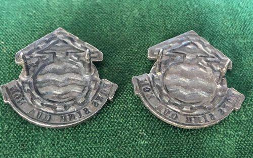 ORDNANCE SERVICE CORPS,CHROME AND ENAMEL COLLAR BADGE PAIR-APPROVED IN 1977-FIRST TYPE-PINS INTACT