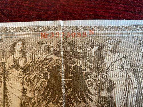 1000 MARK REICHSBANKNOTE,RED SEAL GERMANY 21 APRIL 1910-BEAUTIFUL BIG NOTE IN GOOD CONDITION