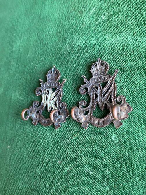 ROYAL NATAL CARBINEERS BLACKENED BRASS COLLAR BADGE PAIR-WORN 1936-1964-LUGS INTACT