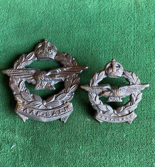 SAAF BLACKENED BRASS CAP AND ONE COLLAR-WORN 1930`S-1950`S-LUGS ON CAP DAMAGED