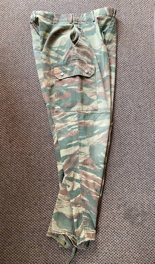 BATTLE WORN-ORIGINAL PORTUGUESE LIZARD PATTERN,CAMO TROUSERS-SIZE 32-PIPE LENGTH 73CM-USED BUT GOOD-