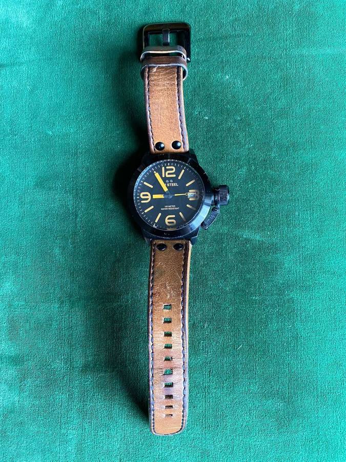 TW STEEL BLACKMENS WATCH,WITH BROWN LEATHER STRAP-CASE SIZE 45M-PERFECT WORKING CONDITION