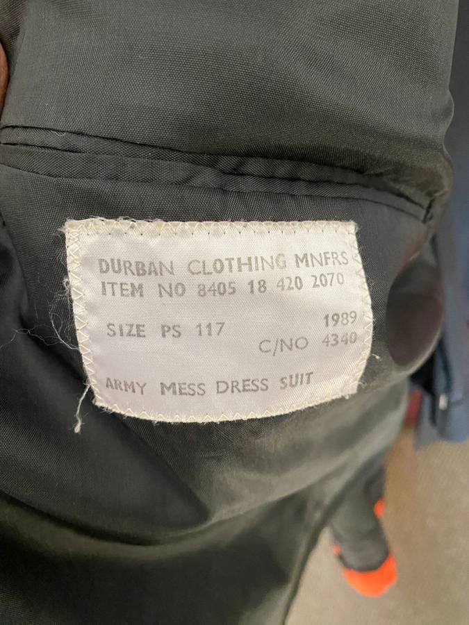 COMPLETE MESS DRESS UNIFORM,SHIRT,JACKET,UNDER JACKET AND TROUSERS-THE JACKET A SIZE LARGE-MEASURES