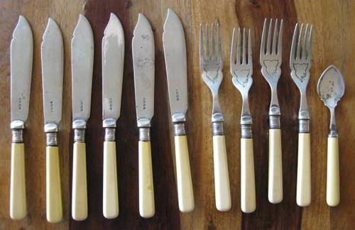 SELECTION OF BONE HANDLED FISH KNIFES - FORKS AND ONE SPOON