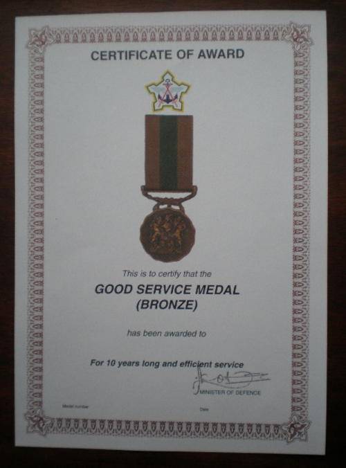 SADF-GOOD SERVICE MEDAL(BRONZE) AWARD CERTIFICATE-ORIGINAL