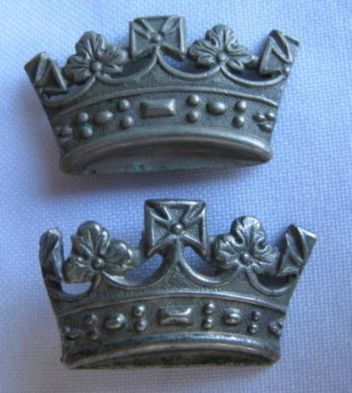 ROYAL IRISH FUSILIERS,WHITE METAL VICTORIAN CROWN PAIR-EACH WITH ONE LUG