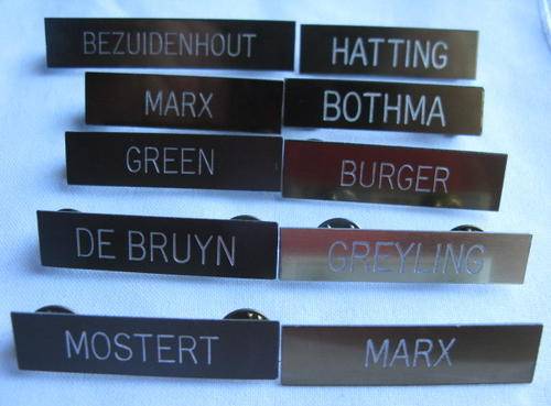 SELECTION OF 10 SADF PERIOD NAME BADGES-PINS INTACT