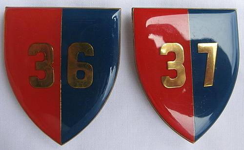 SHOULDER FLASH - 36 MEDIUM WORKSHOP & 37 FIELD WORKSHOP - ONE PIN REPLACED & ONE MISSING- ORIGINAL