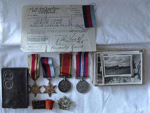 WW2 FULL SIZE MEDAL GROUP TO 209897 A. VAN DEN BERG WITH CAST SAAF CAP BADGE, TITLE, SMUTS TIN AND 4