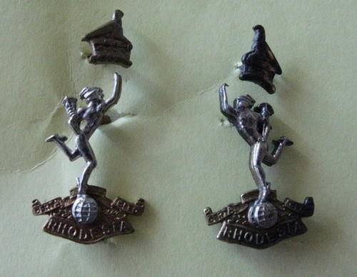 RHODESIA CORPS OF SIGNACOLLAR BADGE PAIR WORN 1971 - 1980 - LUGS INTACT