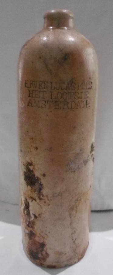 VINTAGE STONEWARE BOTTLE CIRCA 1800`S - INSCRIPTION ERVEN LUCAS BOLS HET LOOTSJE AMSTERDAM - HEIGHT