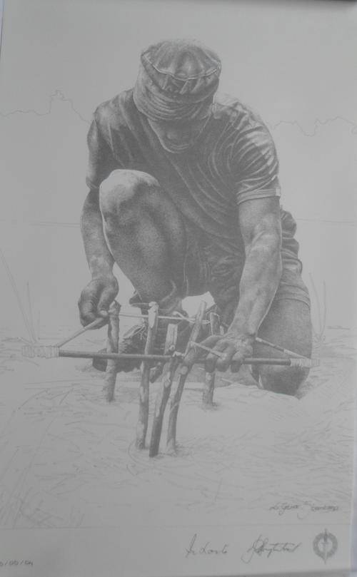 SA RECCE REGT. PENCIL SKETCH BY:L.GREWER STEENKAMP,SIGNED BY MAJ. GEN. F.W. LOOTS & COL. JAN BREYTEN