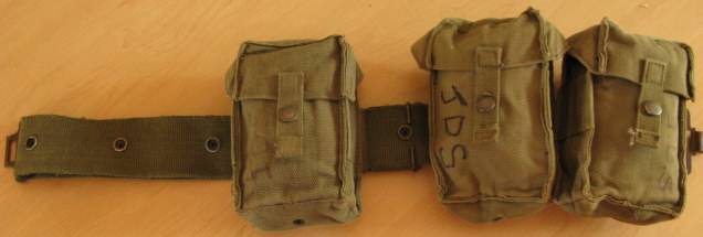 SADF WEBBING BELT WITH 3 AMMO POUCHES SIZE ADJUSTABLE.  CONDITION: USED - GOOD WITHOUT DAMAGE.