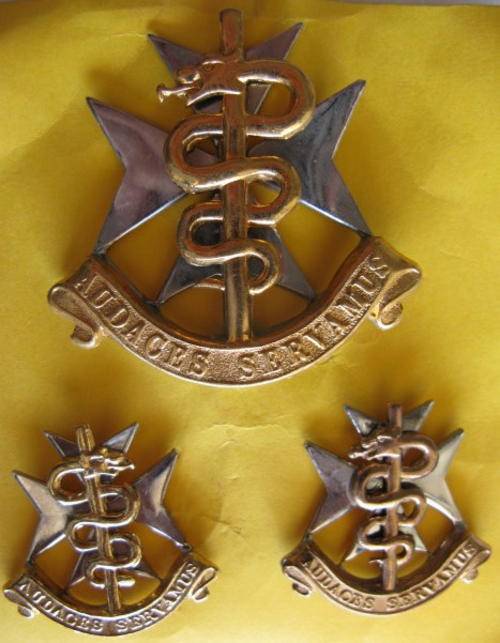 SA MEDICAL SERVICES BI-METAL CAP & COLLAR BADGES WORN FROM 1983 - LUGS INTACT