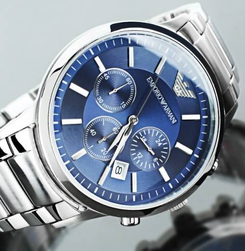 EMPORIO ARMANI**RETAIL R7419.00**BLUE SUNRAY DIAL CHRONOGRAPH WATCH ##BRAND NEW-NO BOX##