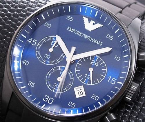 EMPORIO ARMANI BLUE SUNRAY DIAL**BLACK IP STAINLESS STEEL**GENTS CHRONOGRAPH WATCH ##EXQUISITE##