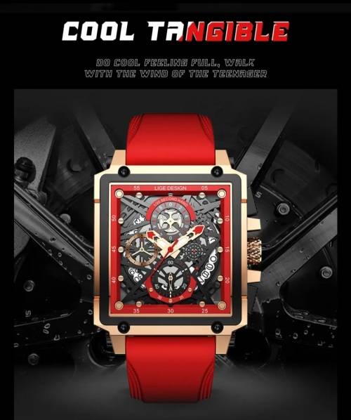 Spectacular Lige Ferrari Red Hollow Racing Wheel Sport Chronograph Gents watch!!