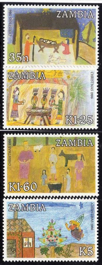 ZAMBIA 1986 "CHILDREN'S PAINTINGS" SET OF 4 UMM. SG 468-71. CAT 7,25 POUNDS.