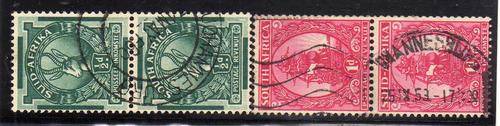 SOUTH AFRICA 1943 COIL STAMPS FINE SCREEN 2 PAIRS VFU. SACC 104 + 105. CAT R120.