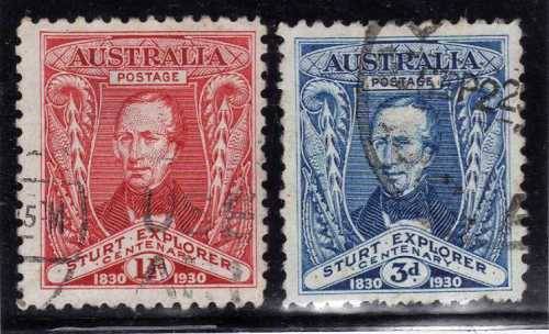 AUSTRALIA 1930 "CENT OF EXPLORATION OF MURRAY RIVER" SET OF 2 GOOD USED. SG 117-118. CAT 9 POUNDS.