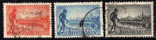 AUSTRALIA 1934 "CENT OF VICTORIA" SET OF 3 PERF 11,5 VFU. SG 147a-149a. CAT 28 POUNDS.