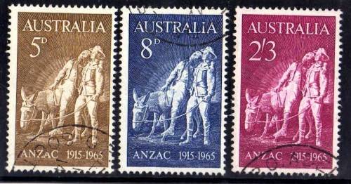 AUSTRALIA 1965 "50TH ANNIVERSARY GALLIPOLI LANDING" SET OF 3 VFU. SG 373-5. CAT 5 POUNDS.
